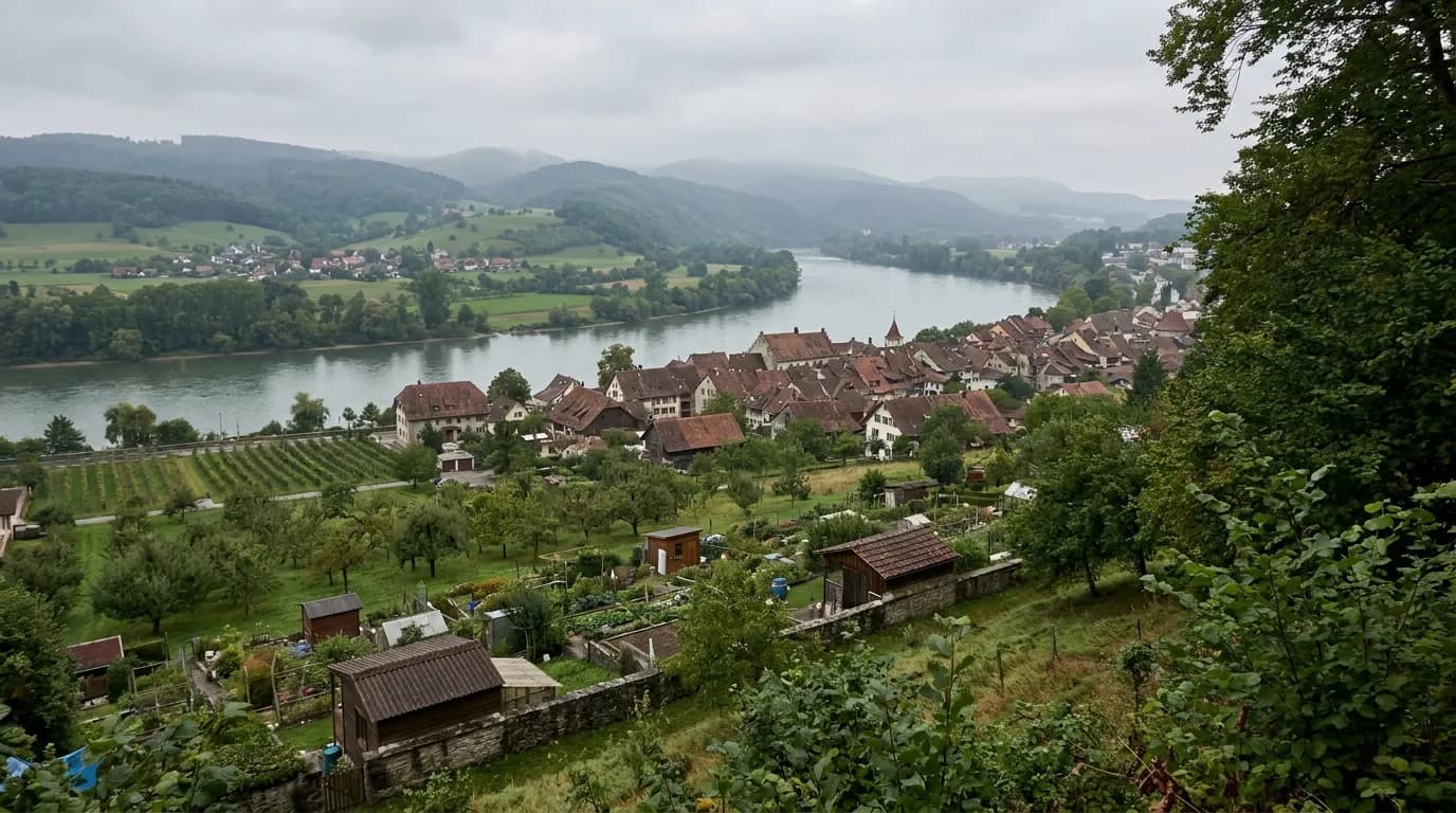 Blick von einem bewaldeten Hang über eine Flussbiegung auf ein Dorf mit Ziegeldächern, davor Familiengärten, im Hintergrund bewaldete Hügel.