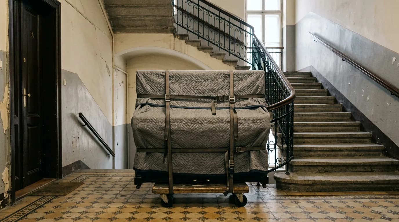 In Decken verpacktes und gegurtetes Klavier auf einem Transportroller am Fuss einer Treppe.