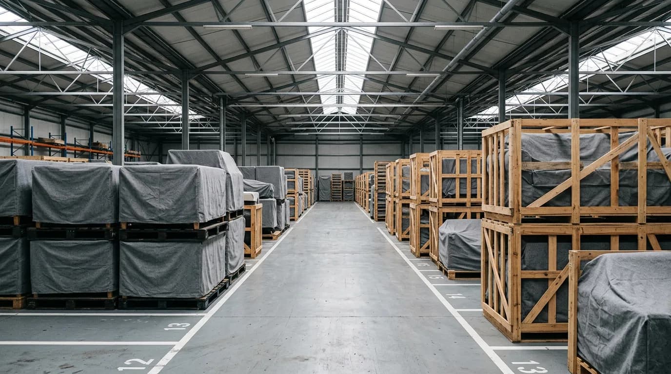 Lagerhalle mit abgedeckten Möbeln auf Paletten und in offenen Holzkisten, in Reihen aufgestellt.