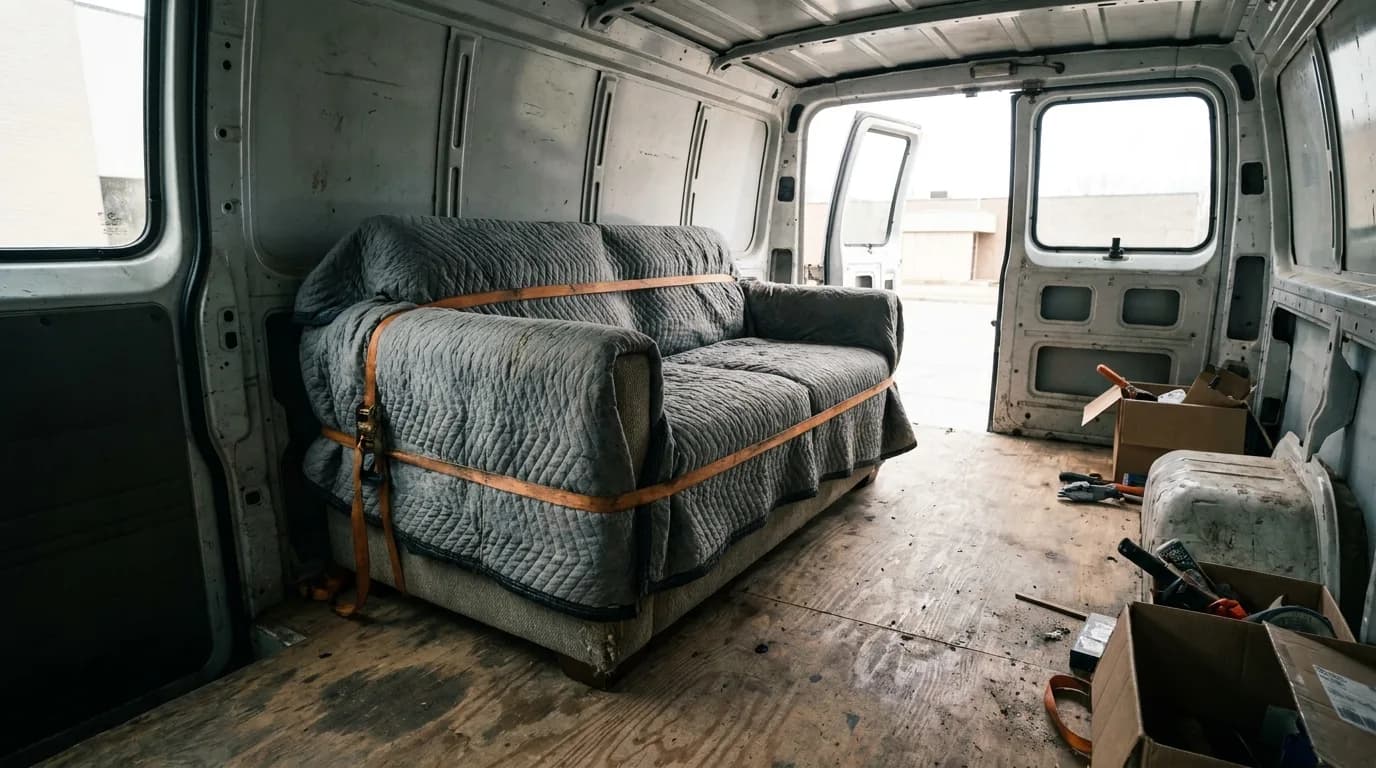 Ein einzelnes Sofa in Möbeldecken, mit Spanngurten gesichert, auf der Ladefläche eines Transporters.