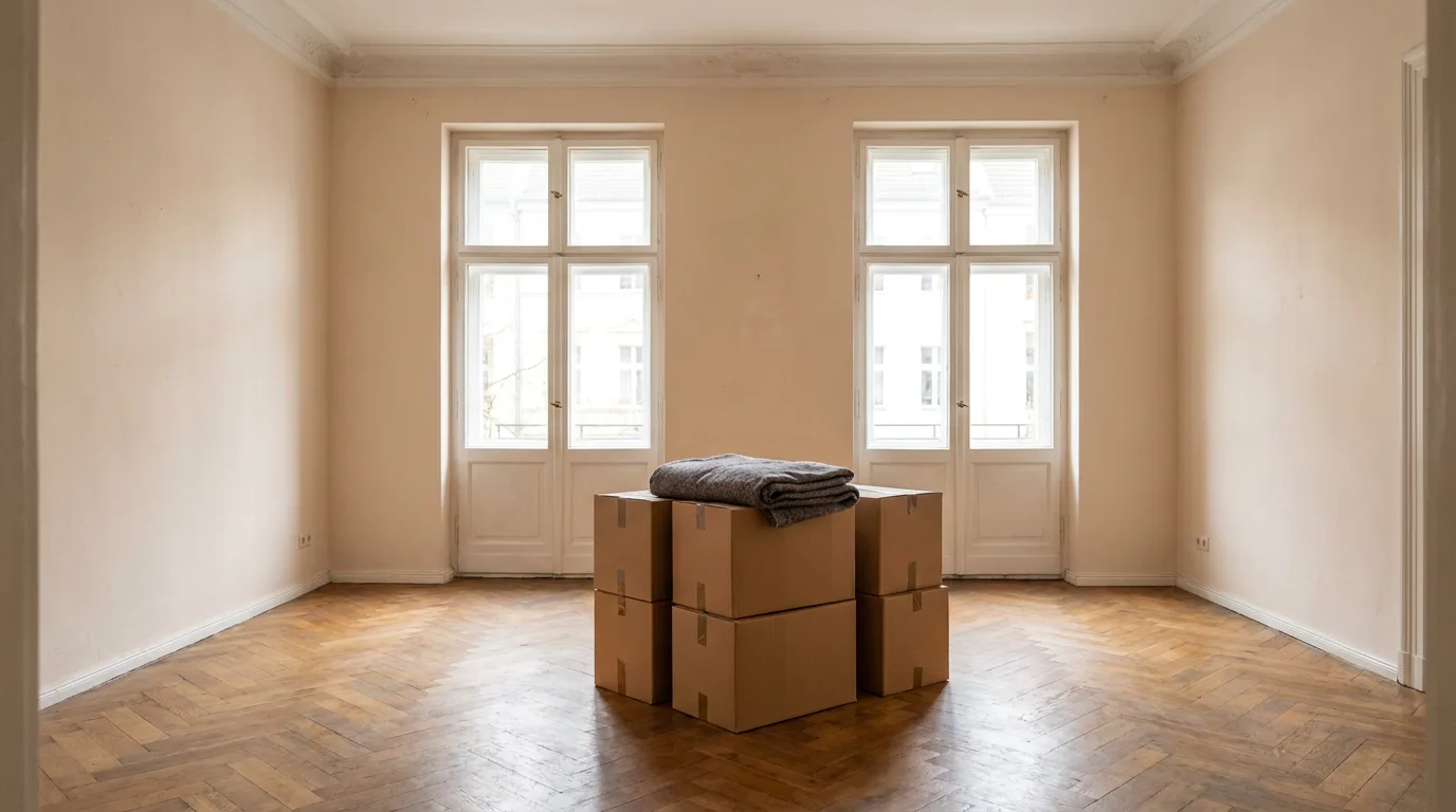Leeres Zimmer mit Fischgrätparkett und hohem Fenster, in der Mitte ein Stapel Umzugskartons mit einer Möbeldecke obenauf.