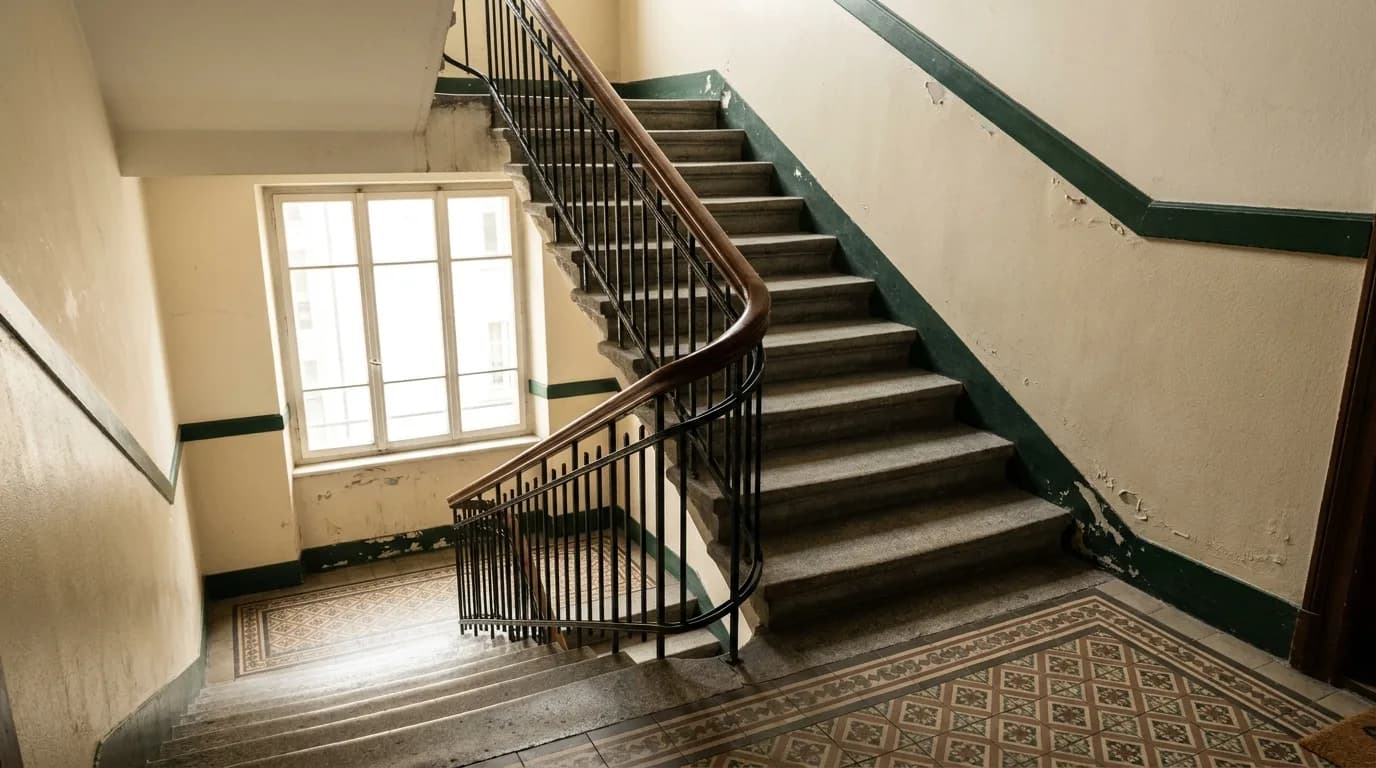 Treppenhaus eines Altbaus mit steinernen Stufen, schmiedeeisernem Geländer, hölzernem Handlauf und gemustertem Zementplattenboden.