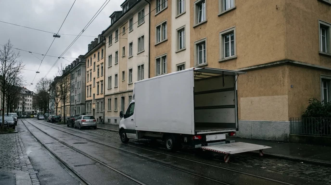 Möbelwagen mit heruntergelassener Ladebordwand am Strassenrand einer Wohnstrasse mit Tramgleisen und Fahrleitung.