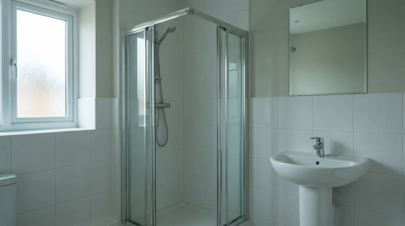 Frisch gereinigtes, leeres Badezimmer mit weissen Fliesen, Duschkabine und poliertem Waschbecken.